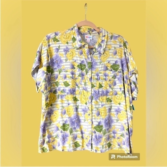 LuLaRoe Tops - LulaRoe size small yellow and purple floral and stripes button down shirt